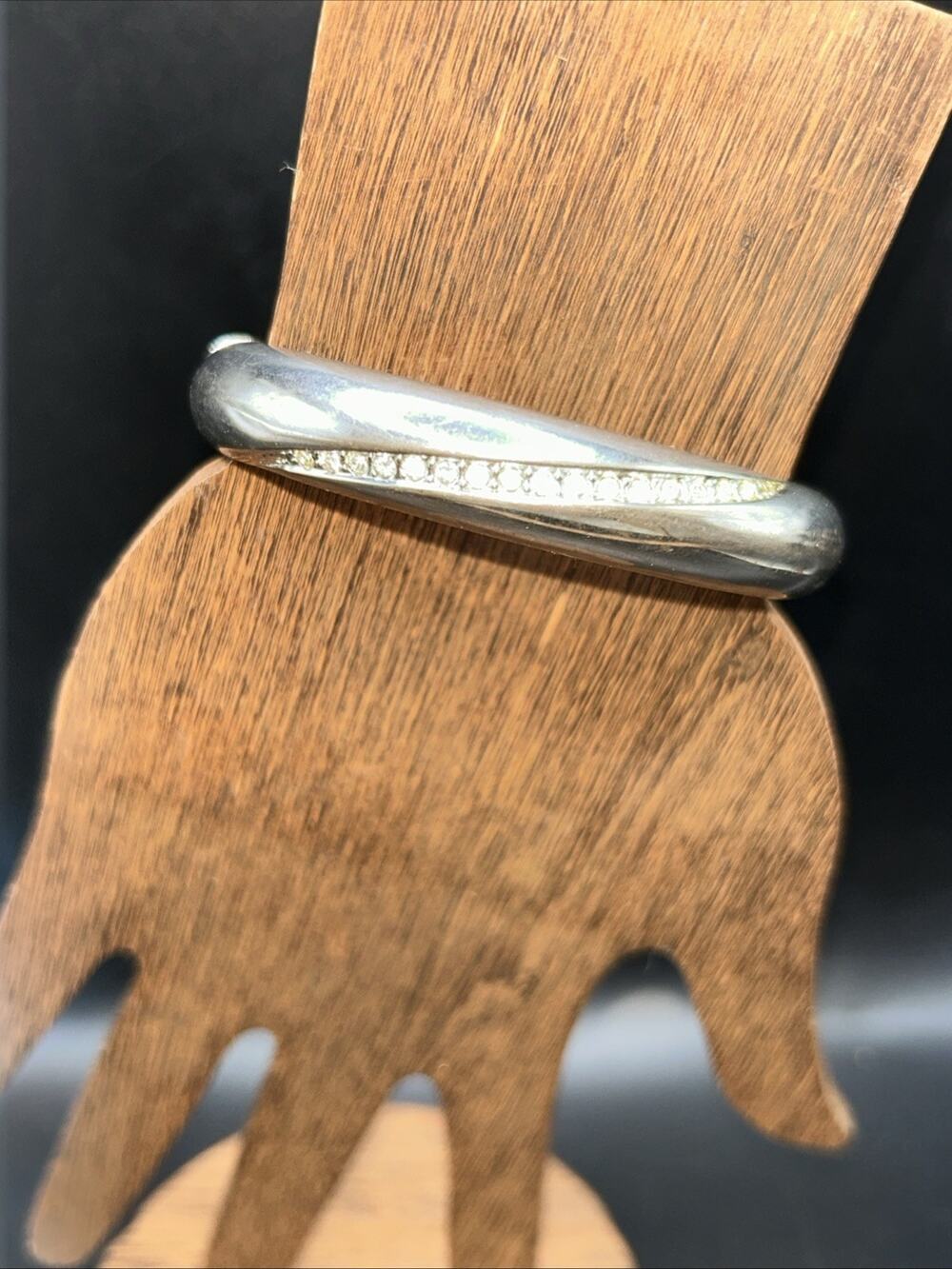 Vintage Silver Plated Hinged Clamper Bracelet Rhinestone Crystal Size 7